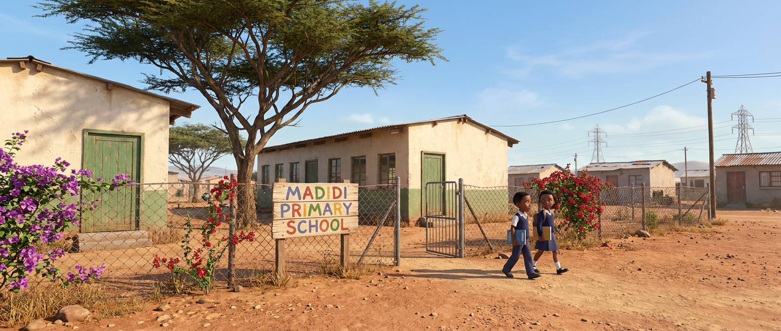 Wide-angle morning view of the Madidi Primary campus, classroom blocks behind a wire fence with bougainvillea