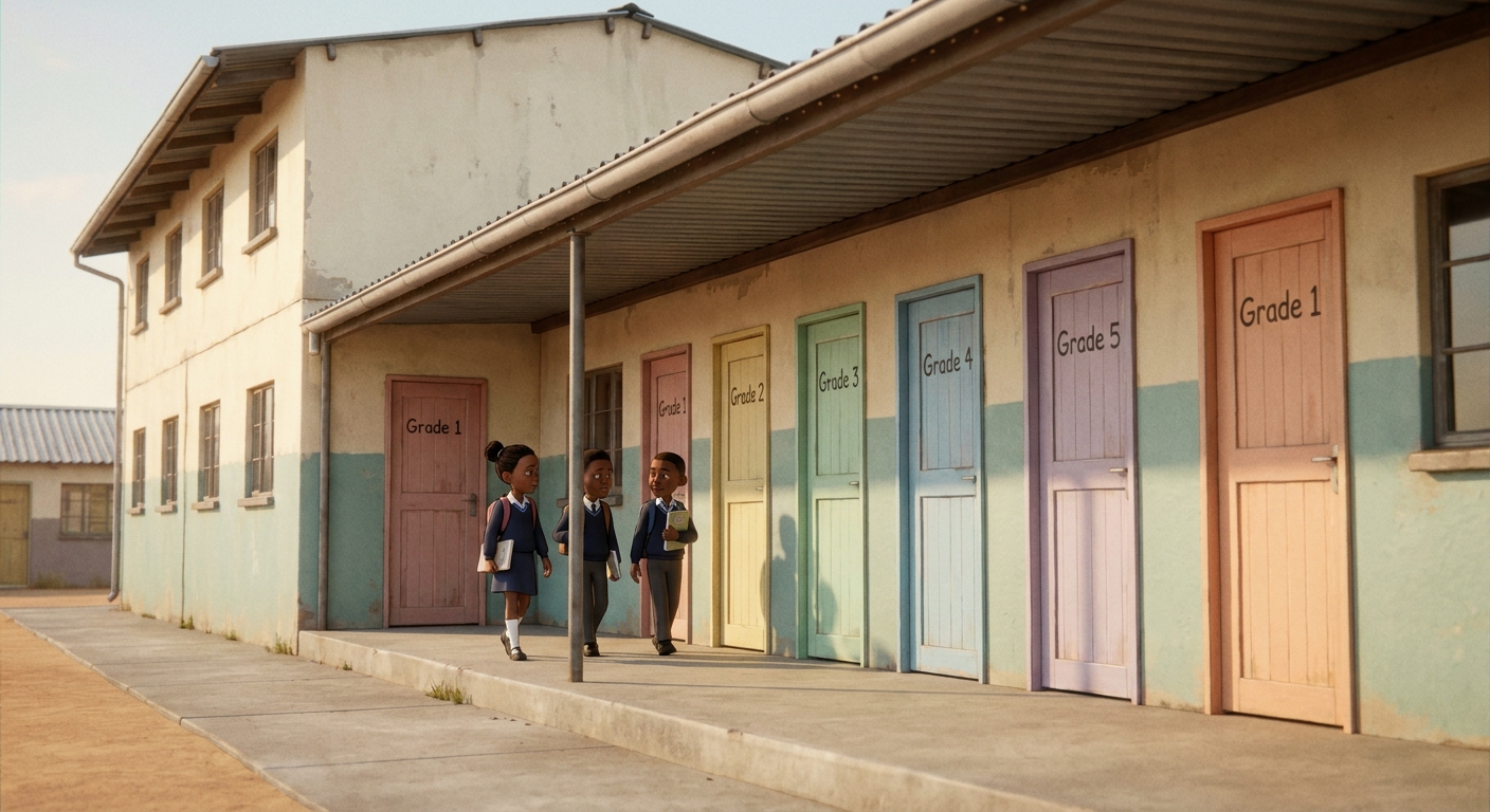 Two-storey teaching block with painted CAPS-aligned classroom doors, learners walking with workbooks