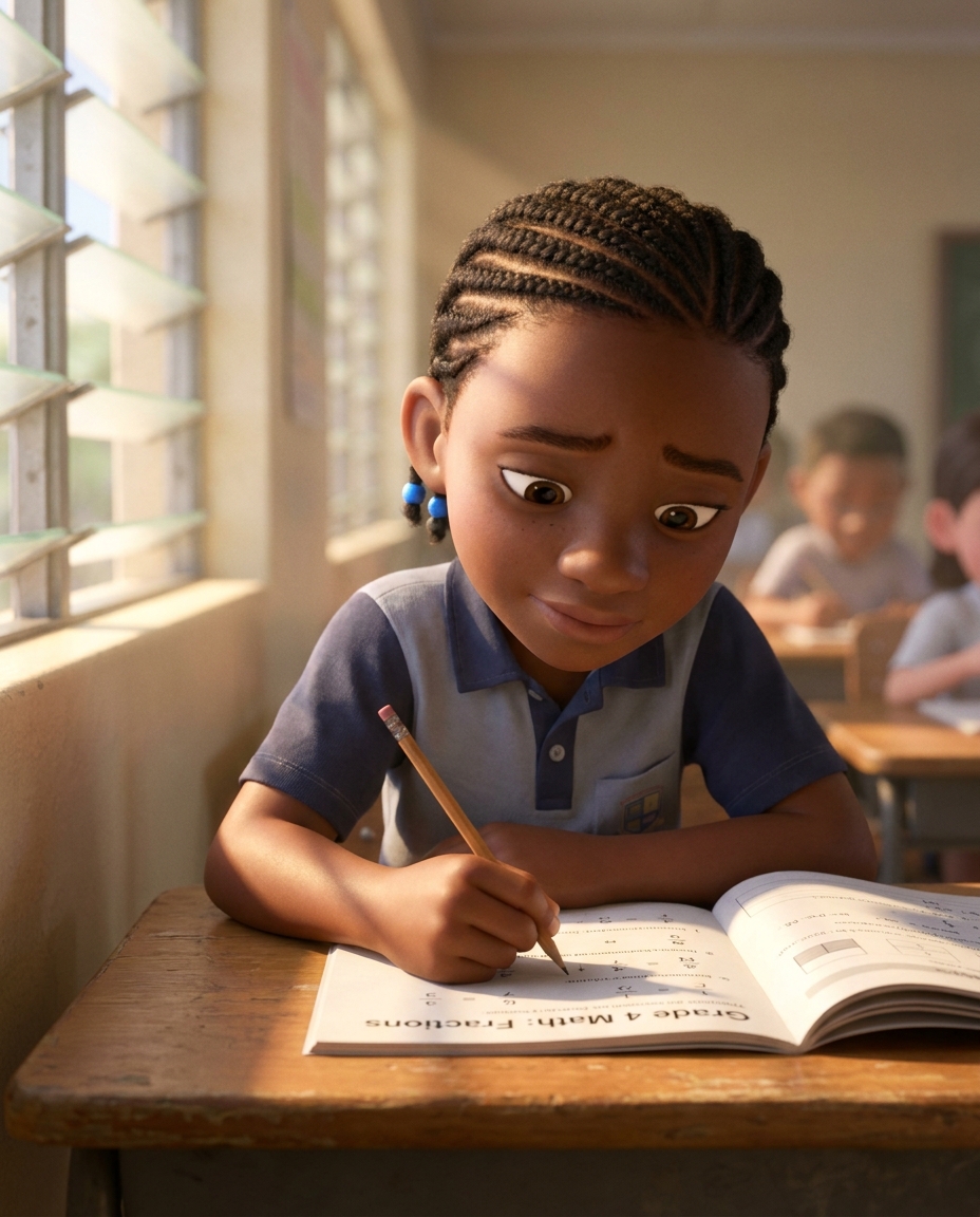 A Grade 4 learner deep in concentration, pencil in hand, leaning over a maths workbook in a sunlit classroom