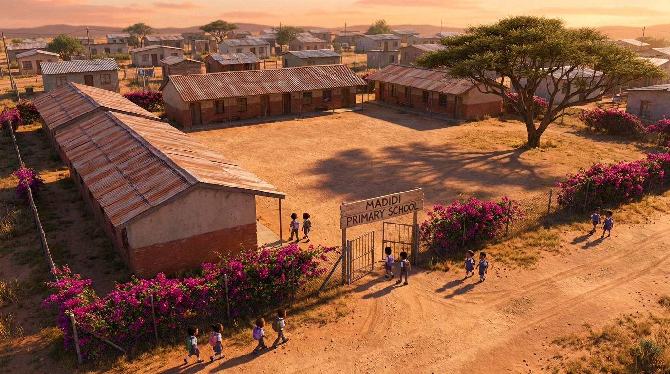 Aerial view of Madidi Primary's modest single-storey blocks, rust-coloured roofing and dusty playground in the late afternoon
