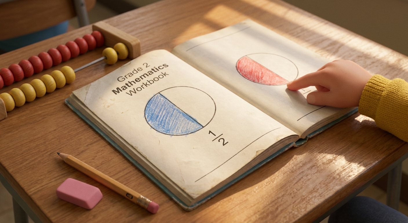 Maths workbooks open on a wooden desk, colourful counters arranged for a Grade 2 fractions lesson