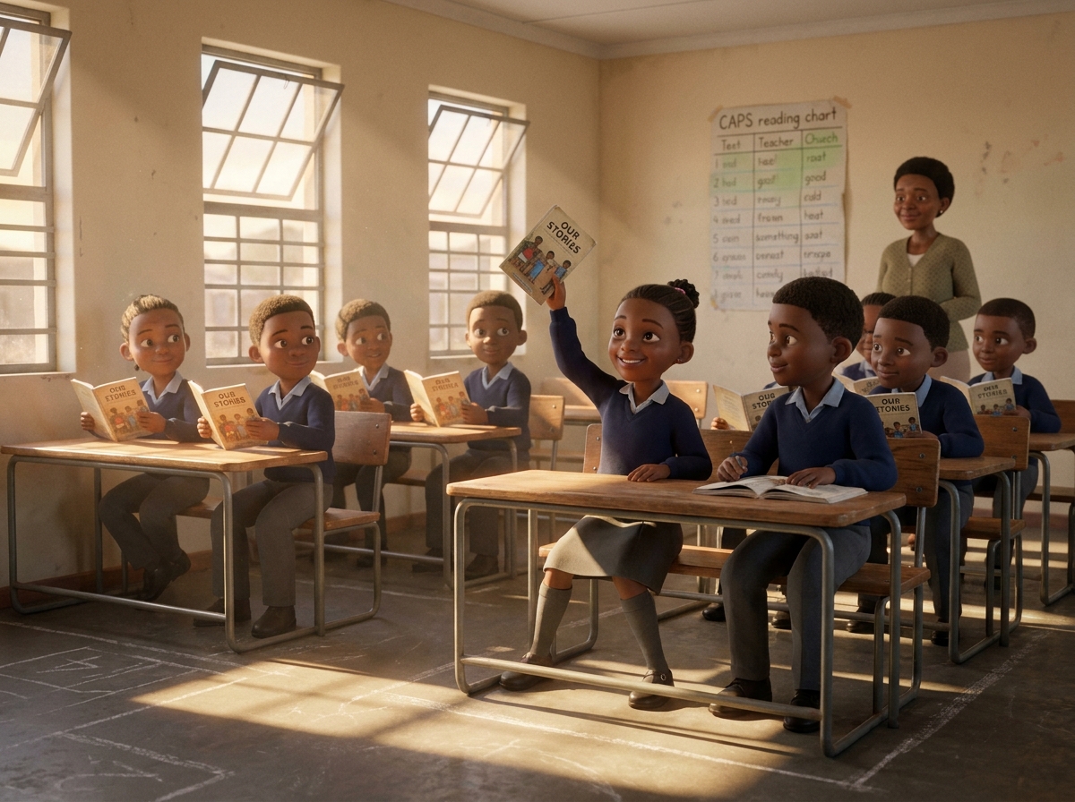 Grade 3 learners reading aloud during morning circle in a sunlit classroom