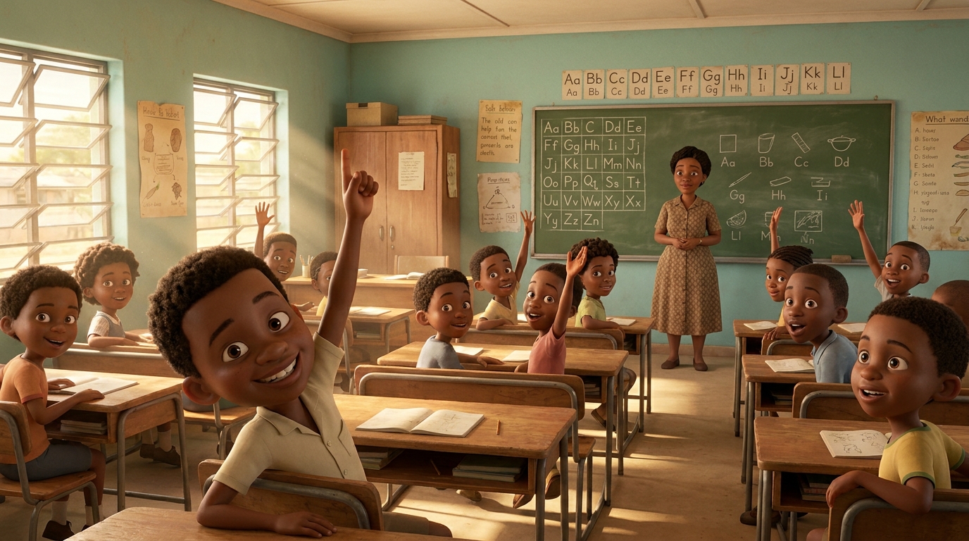Eager hands raised in a primary classroom during a Setswana lesson