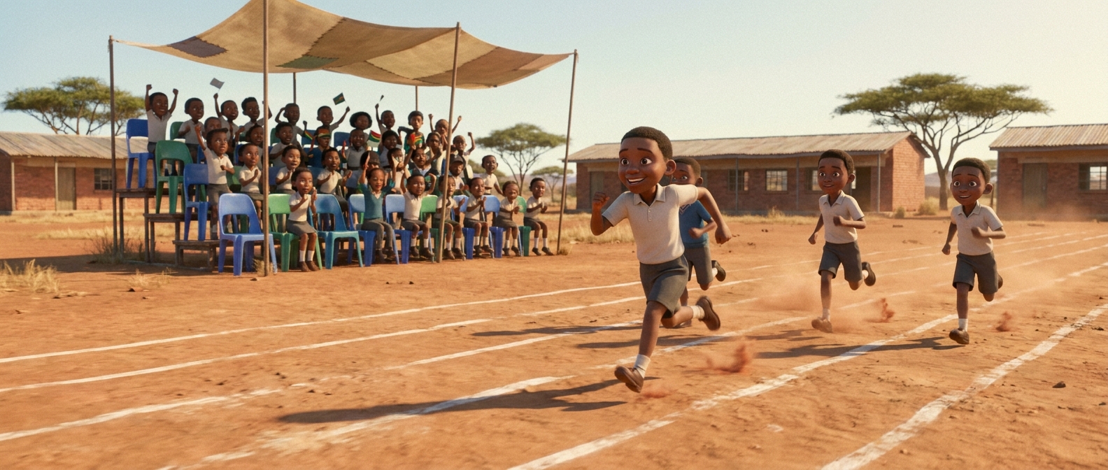 Grade 5 learners sprinting across a dust track during the annual sports day
