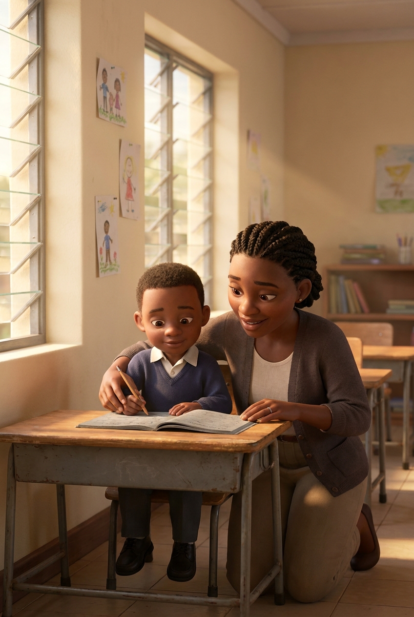 A teacher kneeling beside a Grade 1 learner, helping with handwriting in a sunlit classroom