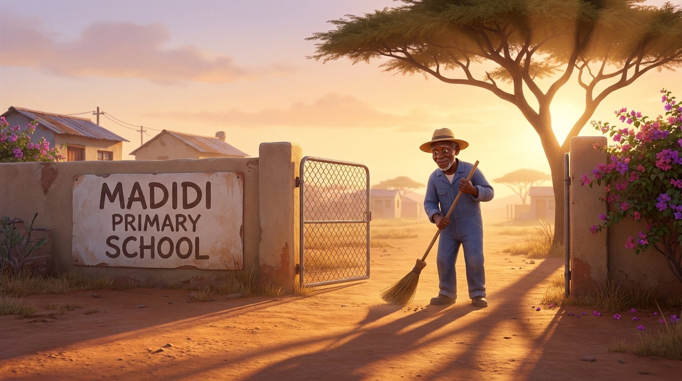 The Madidi Primary School front gate at sunrise, painted school sign visible, a ground staff member sweeping