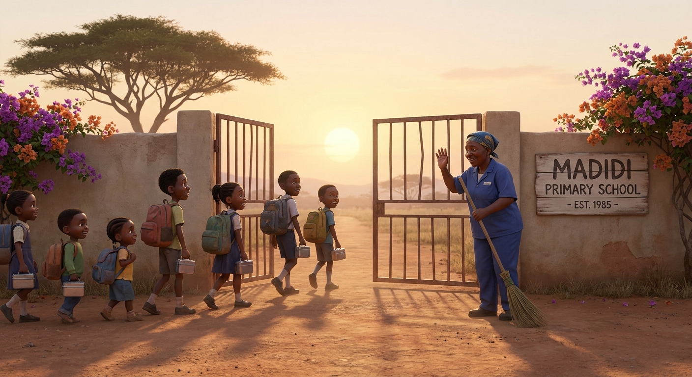 Children walking through the school gate at sunrise with backpacks and lunch tins