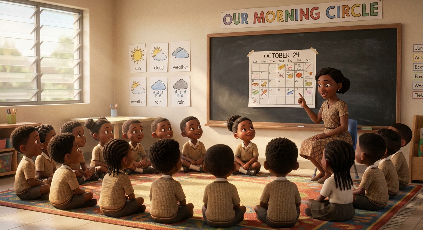 A morning circle in a Foundation Phase classroom, learners on a carpet looking at the calendar