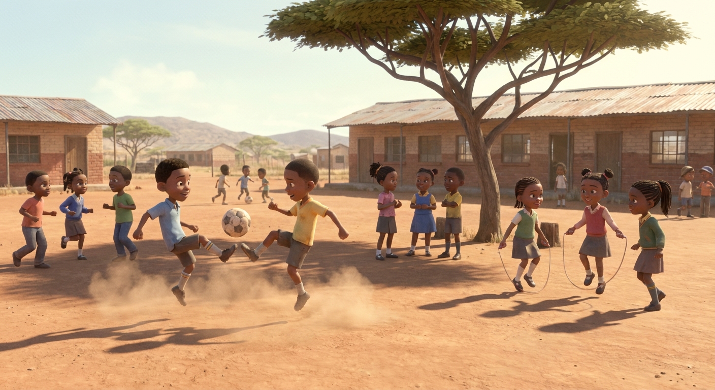 Children running across the dusty playground during the 10:00 break