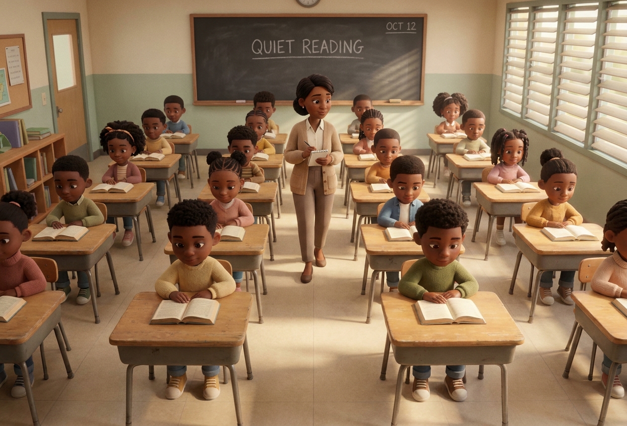 A Grade 4 quiet reading session, twenty minutes, books open on every desk