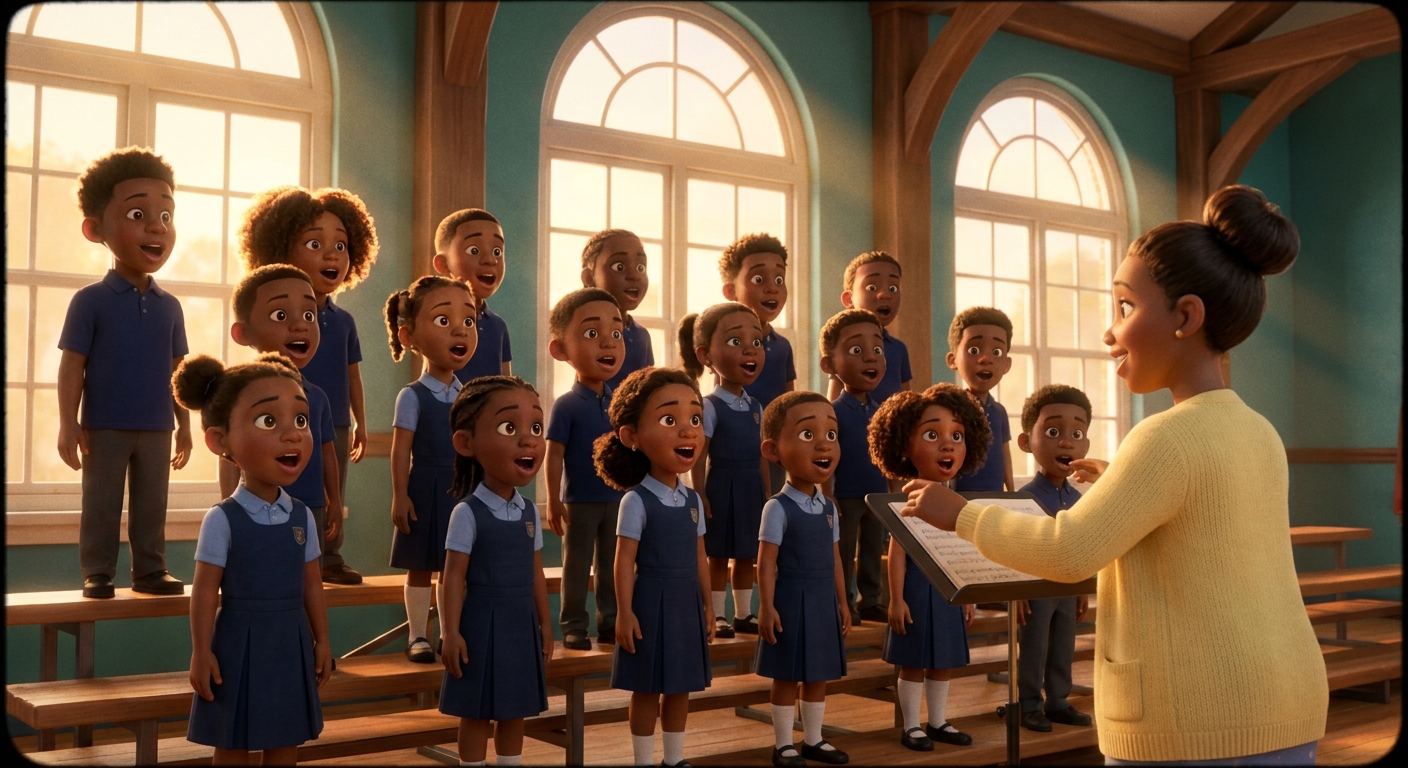 The choir practicing on tiered benches in the afternoon golden light