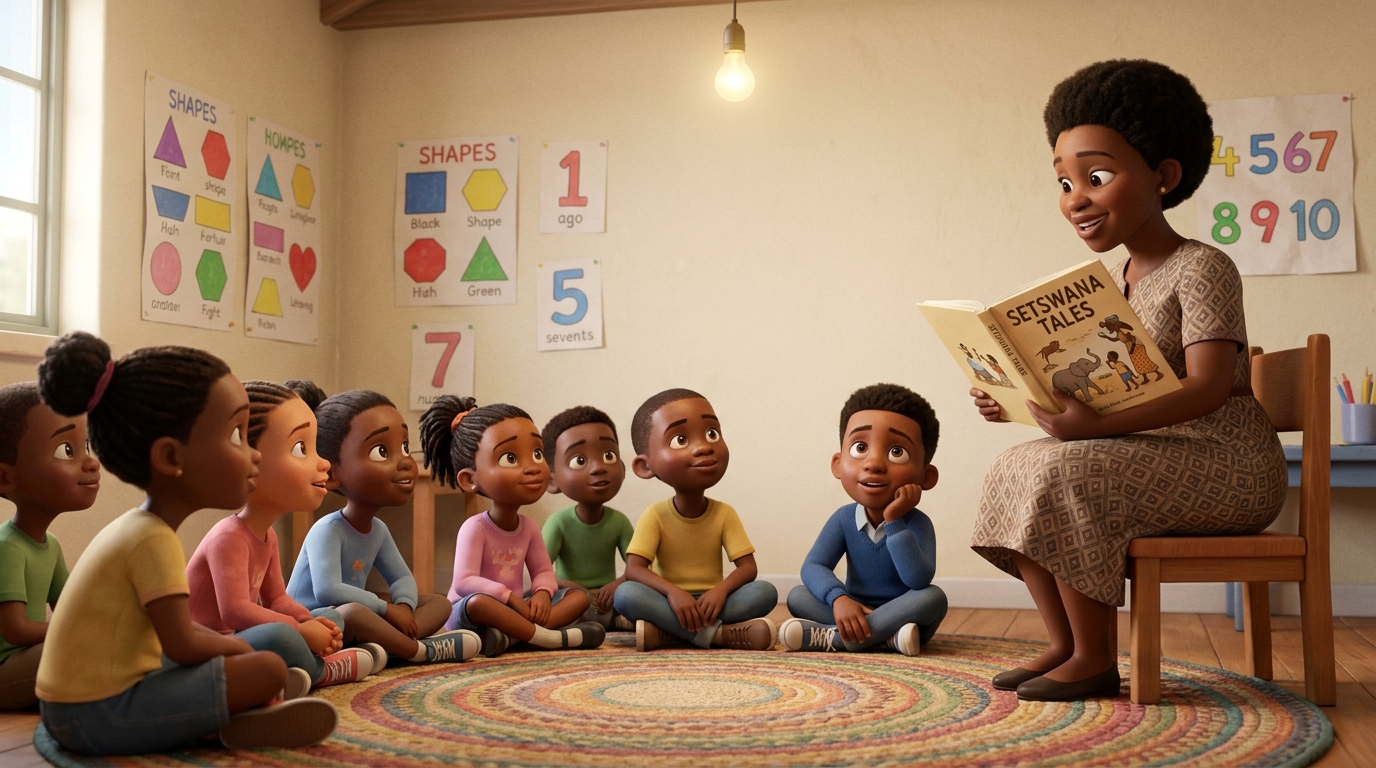 A Grade 2 teacher reading a Setswana picture book to a circle of attentive children