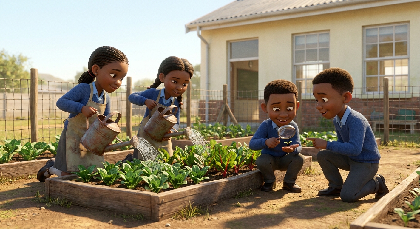 Children kneeling beside spinach beds in the school's edible garden, watering cans in hand