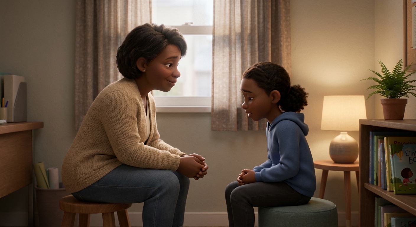 A school counsellor sitting on a low stool, listening attentively to a Grade 6 girl in a quiet office with curtains drawn