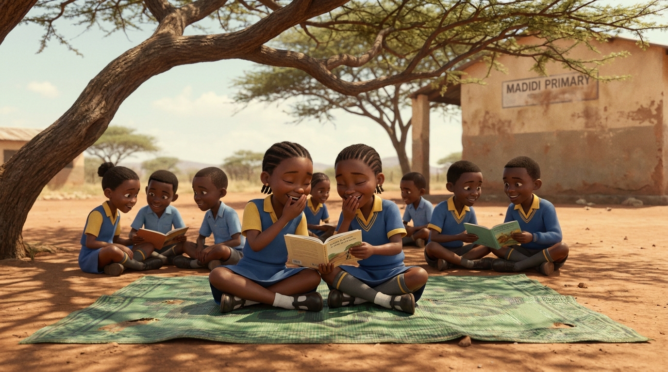 Grade 4 learners reading paired books quietly under an Acacia tree during the post-lunch reading period