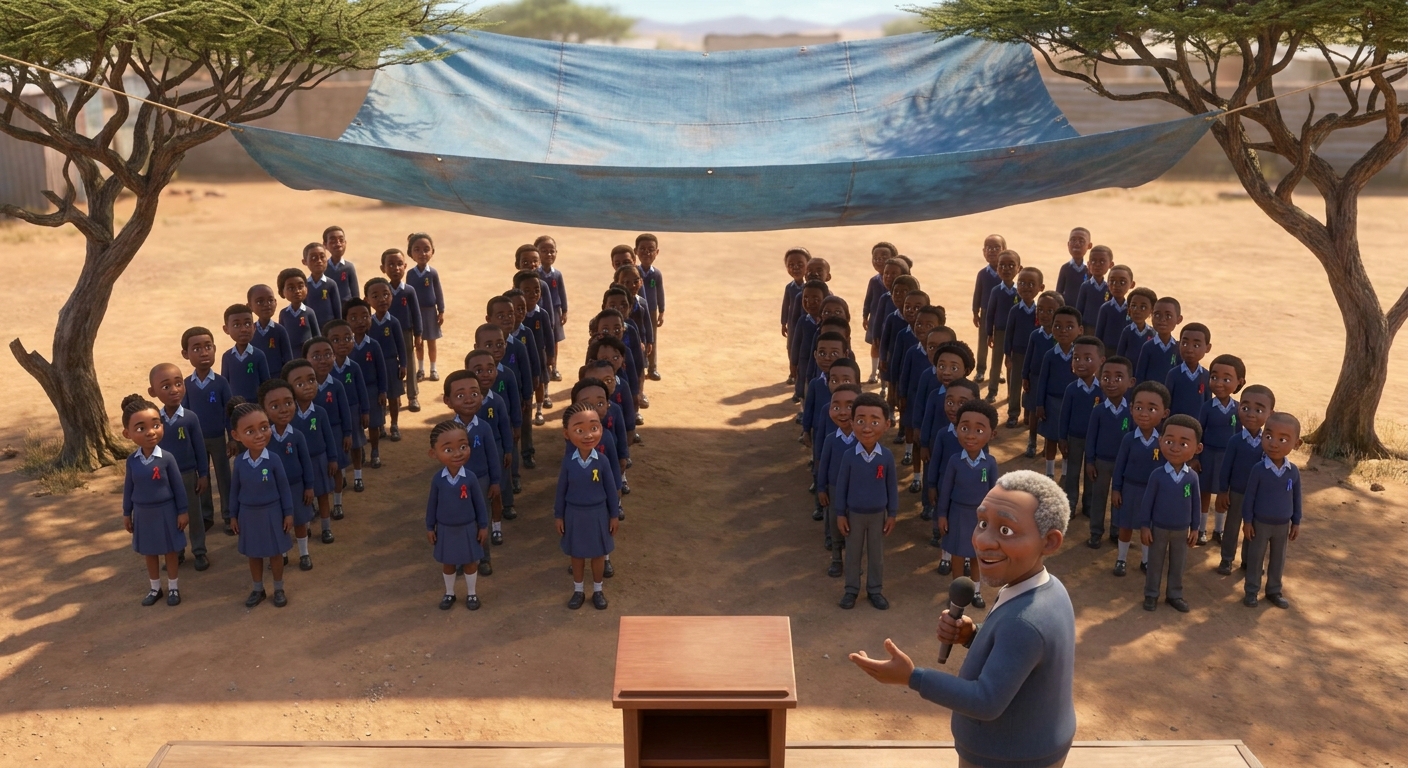 Whole-school assembly under a wide tarpaulin shade, learners standing in colourful house teams