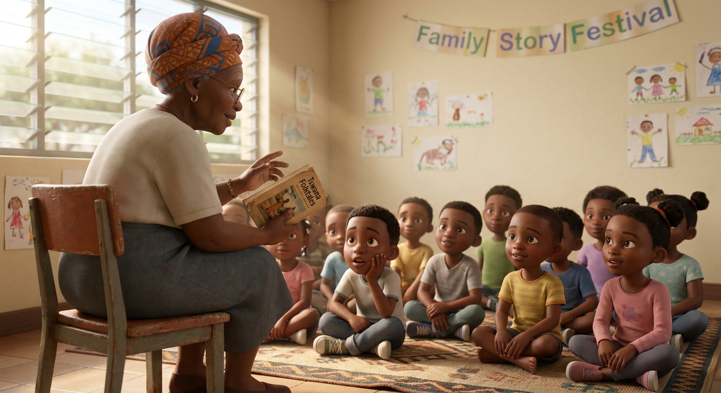 A community elder reading a folktale to Grade 1 learners on the carpet during the Family Story Festival