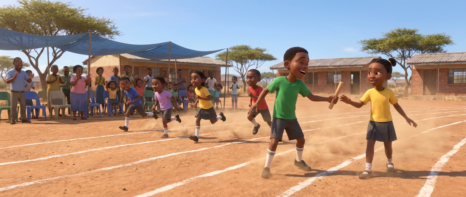 Children laughing during a relay race on Sports Day, the dirt track marked with white lime stripes