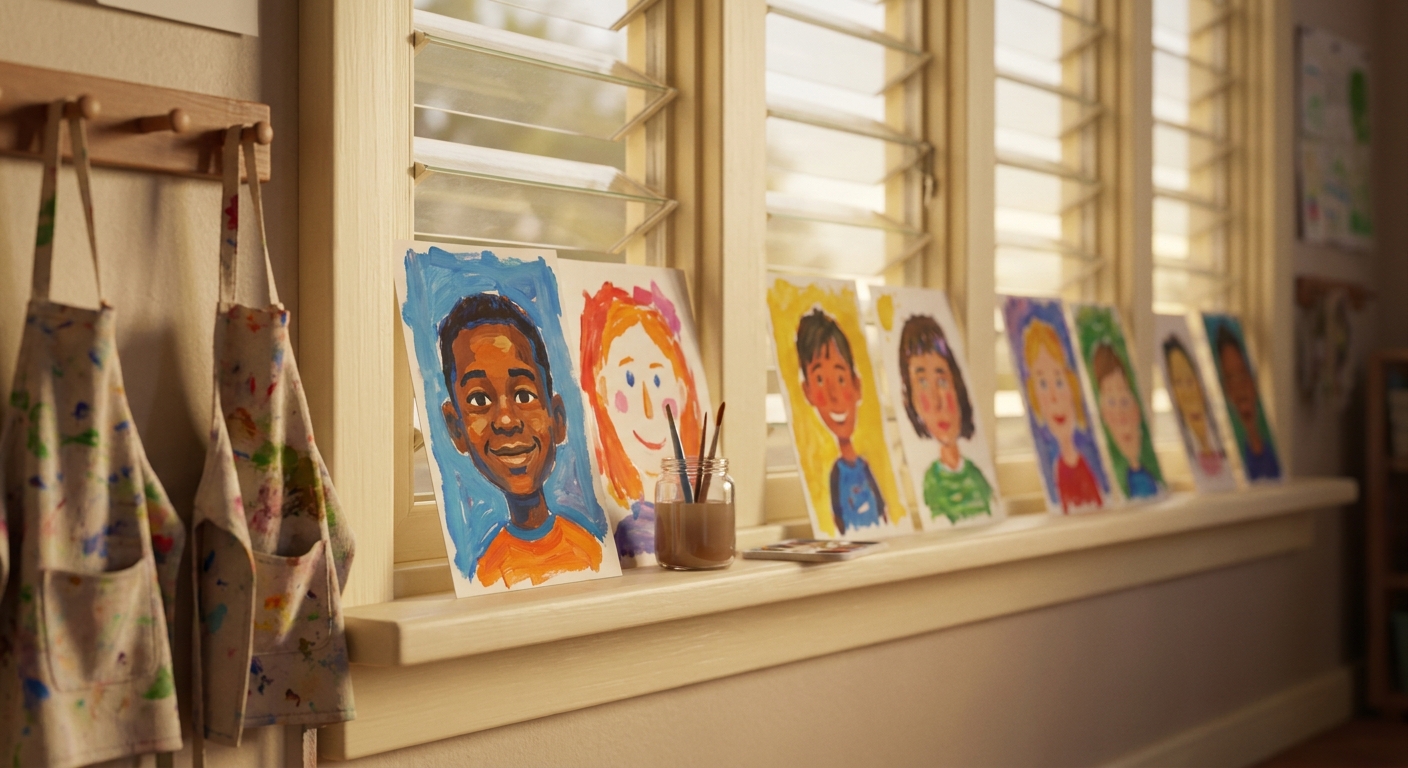 Painted self-portraits drying on classroom windowsills, paint-smeared aprons hanging on hooks