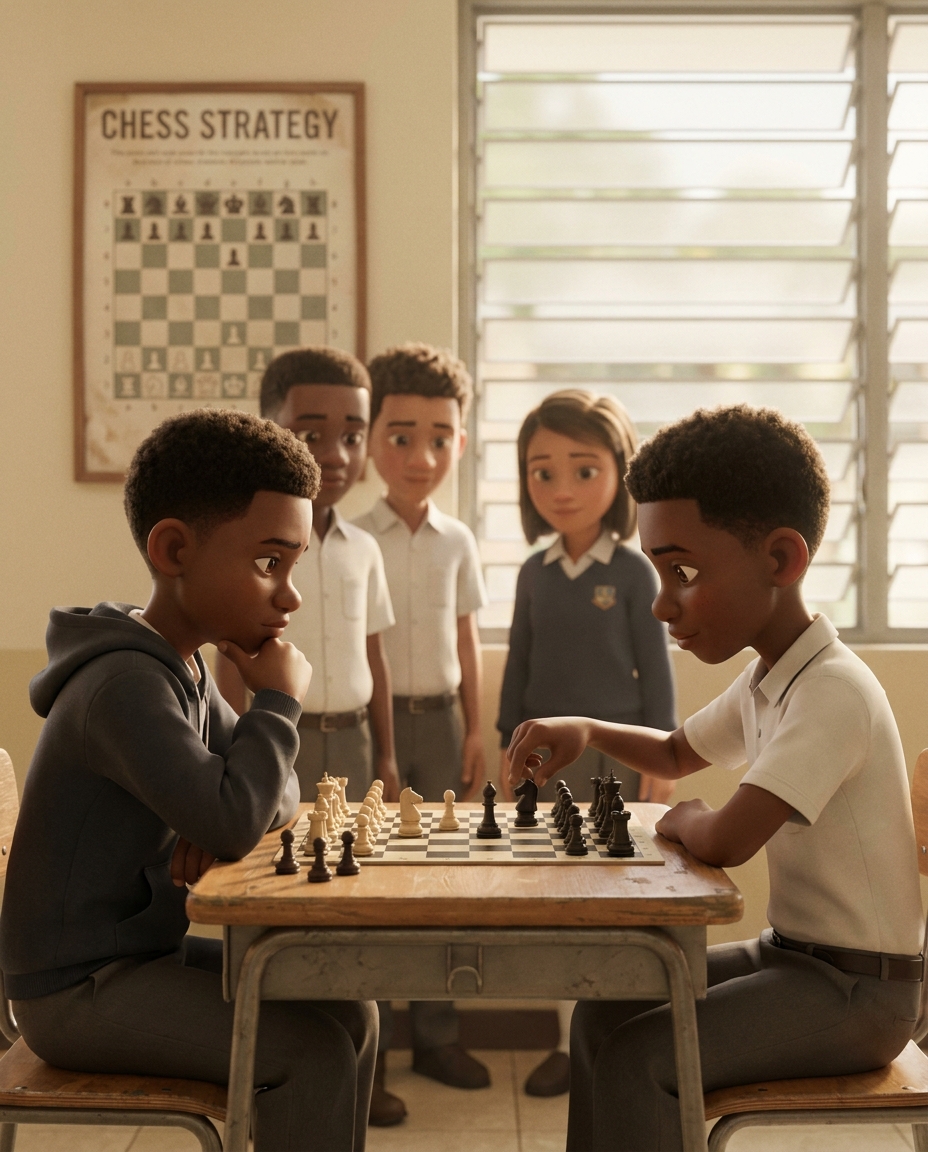 Two Grade 6 boys deep in concentration over a chess board, with classmates watching