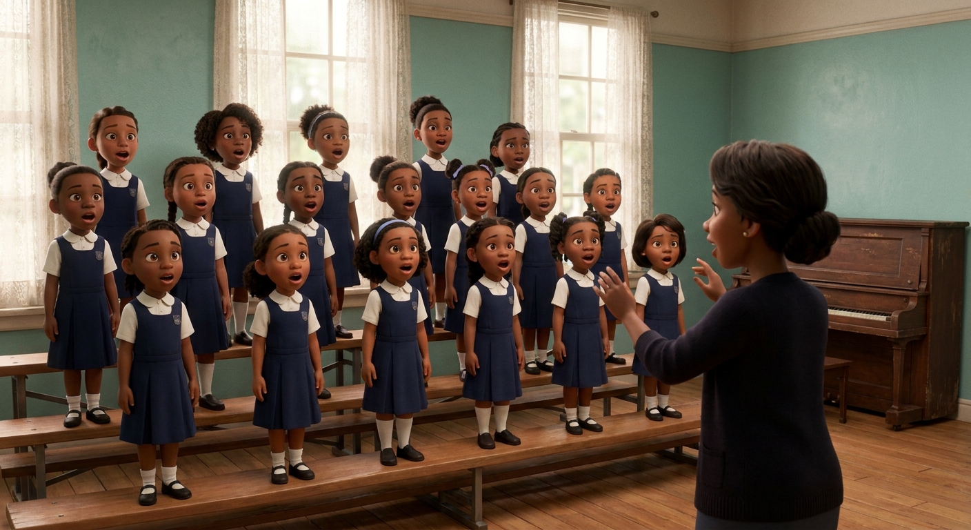 The school choir of mostly Grade 5 and 6 girls in matching navy uniforms rehearsing on tiered benches