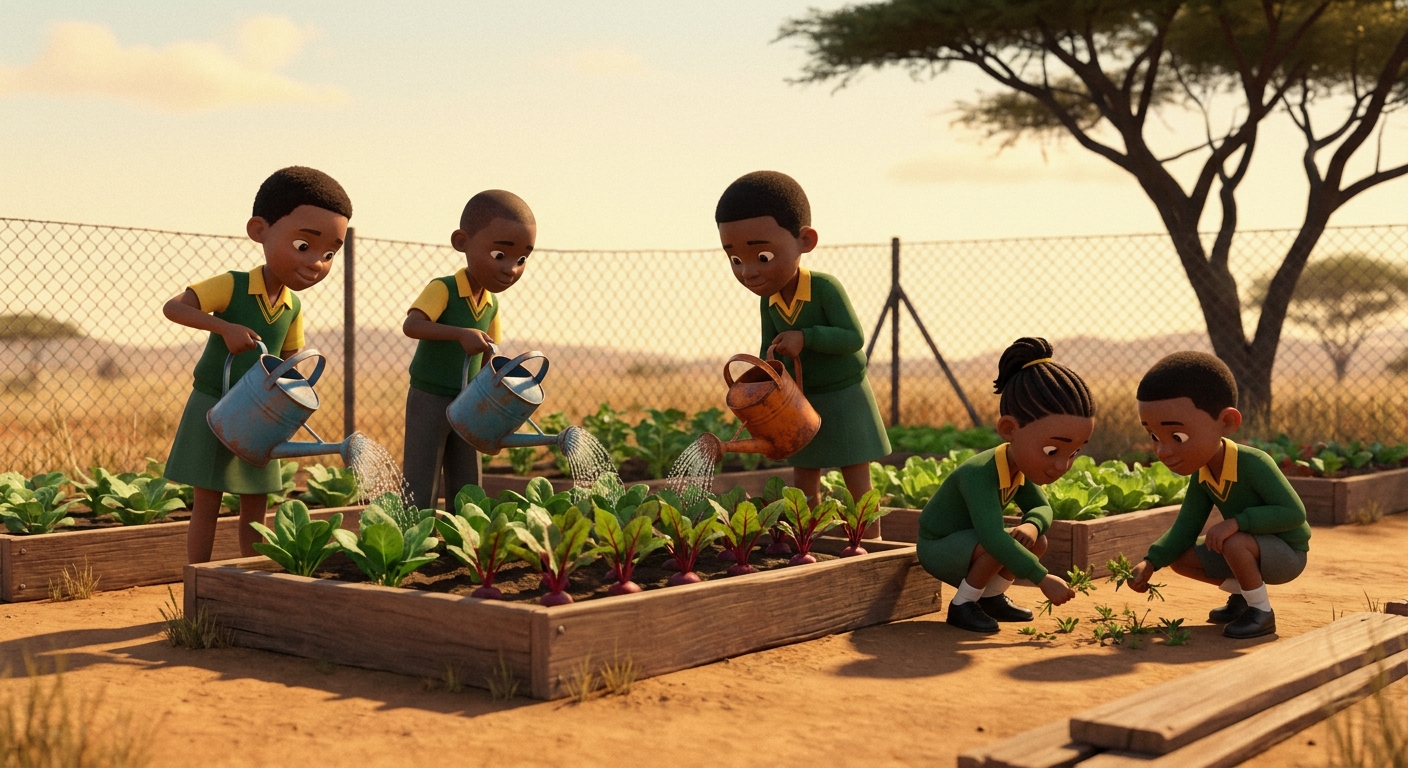 Grade 5 learners in school uniforms watering raised vegetable beds in the edible garden