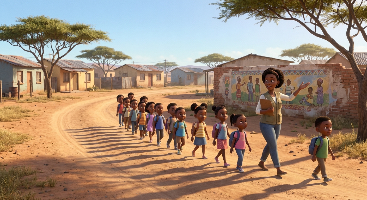 Children walking single-file with backpacks down a dirt track on a community heritage walk