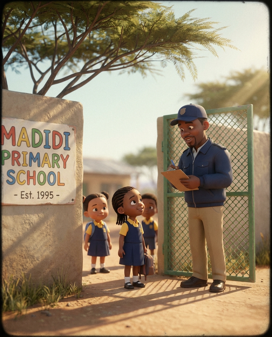 A school security officer checking a learner's name on a clipboard at the front gate in the morning