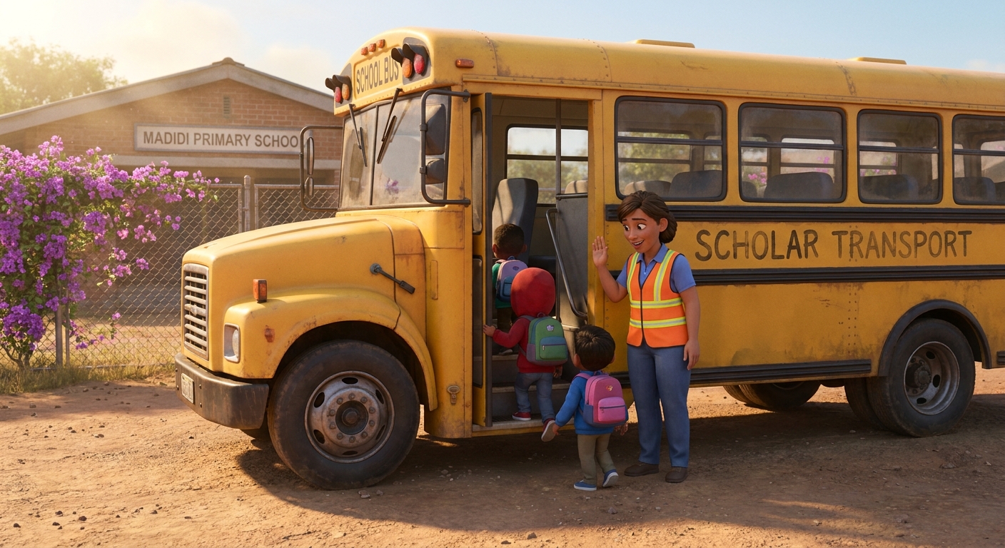 A bright yellow learner-transport scholar bus parked at the school turnaround with the supervisor counting heads