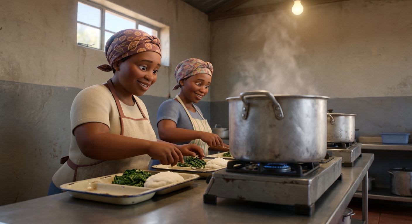 The NSNP kitchen team plating spinach and pap onto enamel trays, steam rising in morning light