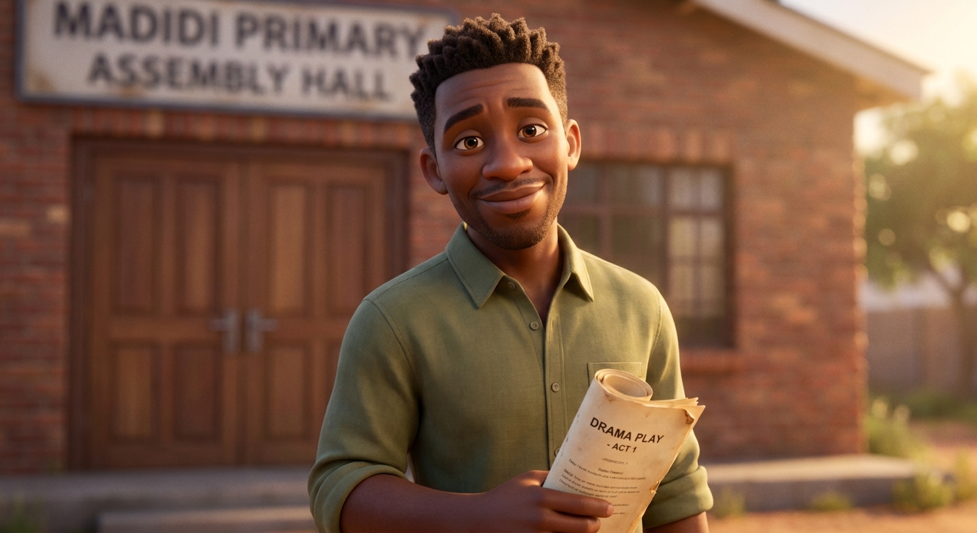 Headshot of Mr. Sipho Dlamini, English and Drama lead, posing with a script in hand outside the hall