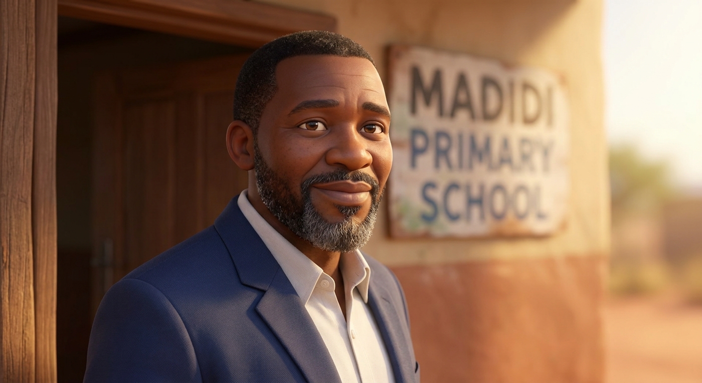 Headshot of Mr. Sebeso Phajane, the principal, smiling outside the school office in a navy blazer