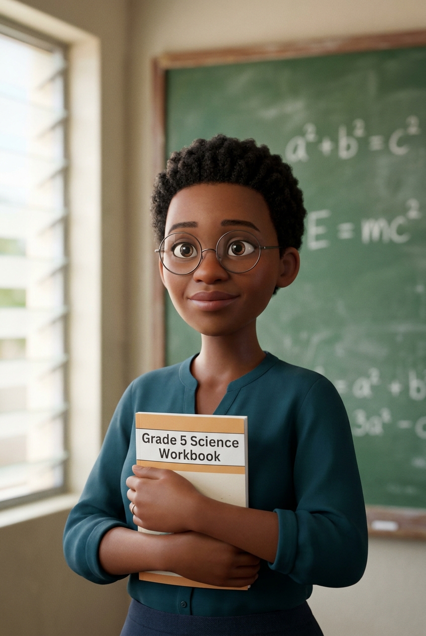 Headshot of Mrs. Naledi Phiri, Maths and Sciences lead, holding a science workbook in front of a chalkboard