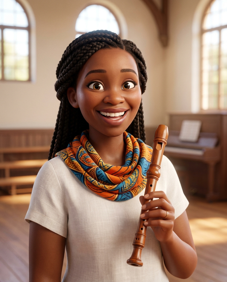 Headshot of Mrs. Lerato Sithole, music and choir educator, holding a wooden recorder, smiling broadly