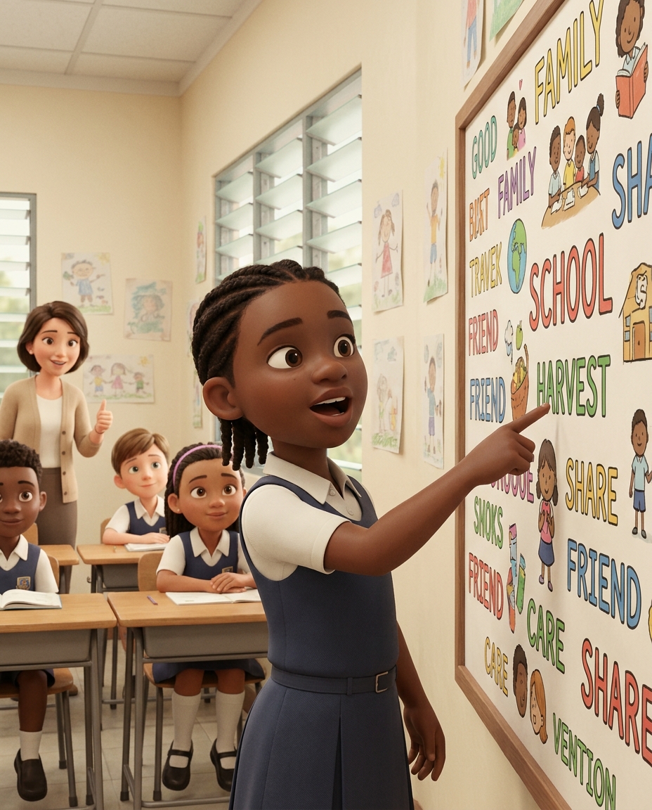 A Grade 4 learner pointing to a word on the wordwall during English First Additional Language