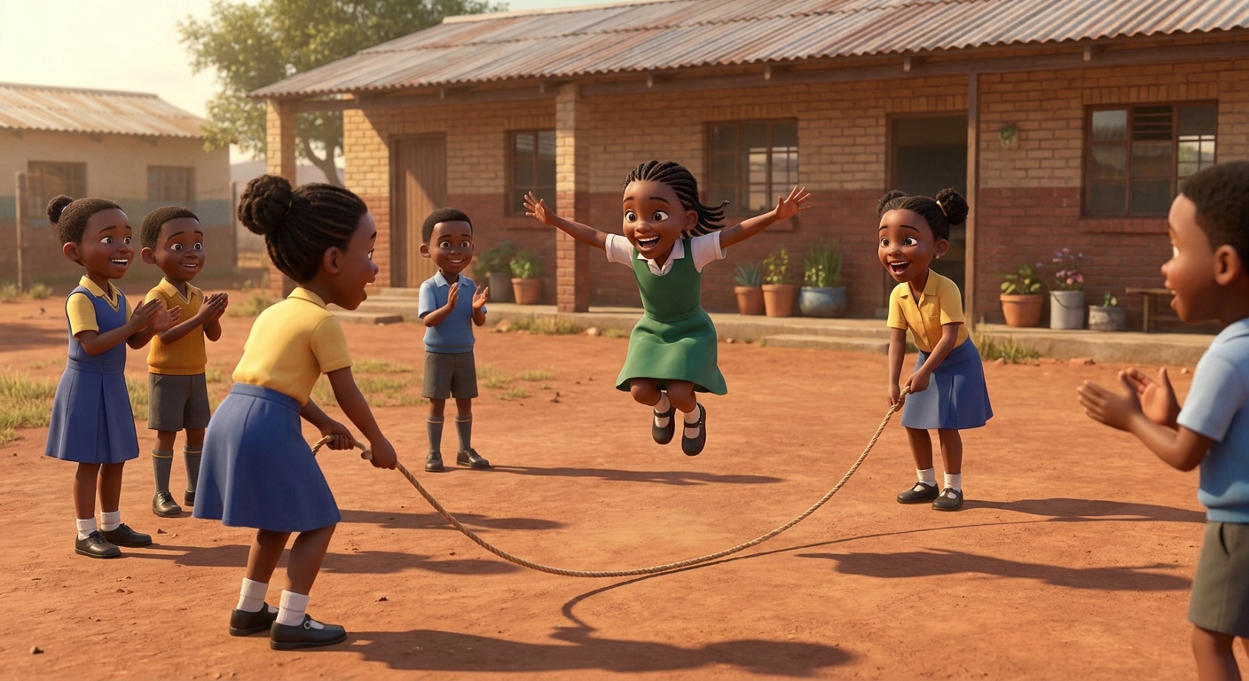 Children skipping rope on the dusty playground during Life Skills physical education