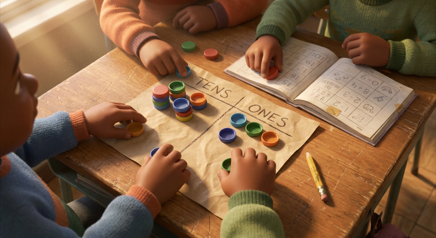 Hands-on counters and bottle-cap manipulatives for a Grade 2 maths place-value lesson