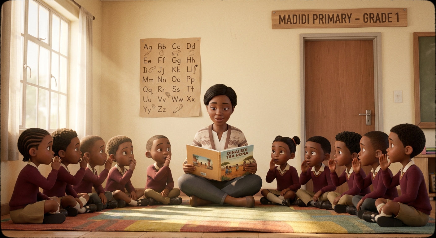 A Grade 1 class reading aloud from a Setswana big book together with their teacher