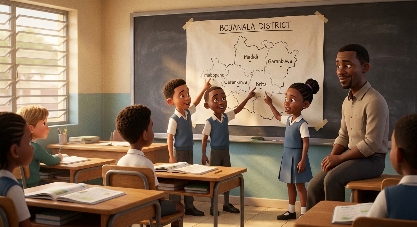 A wall map of Bojanala District labelled by Grade 6 learners during Social Sciences
