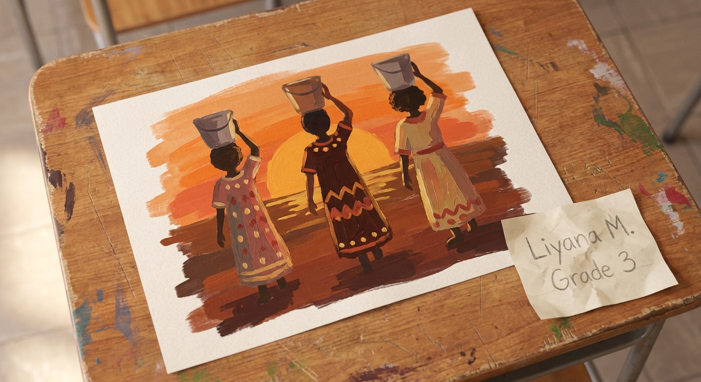A child's painting of three women carrying water buckets at sunset, in warm orange and brown tones