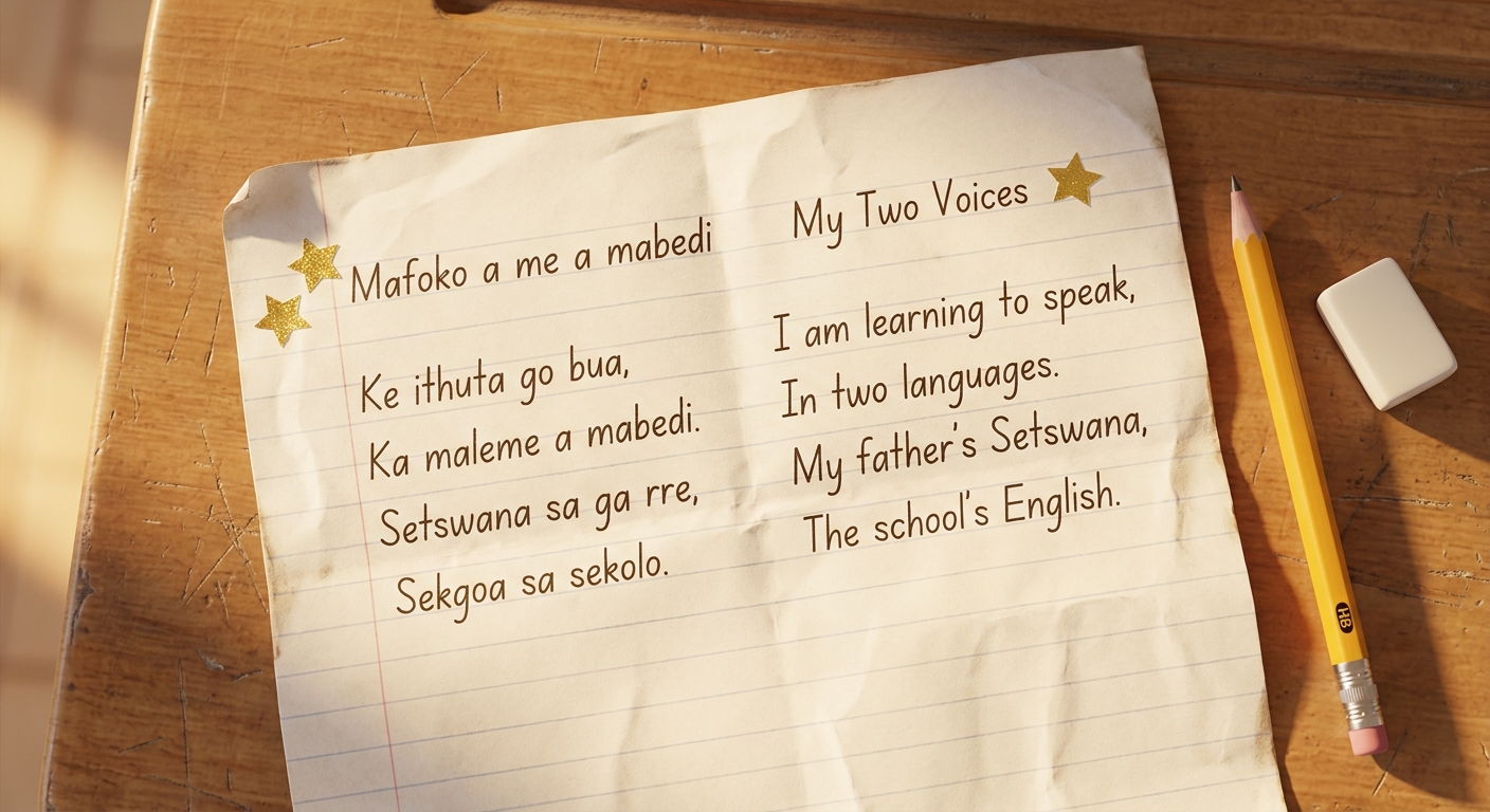 A Setswana and English bilingual handwritten poem on lined paper, with small star stickers