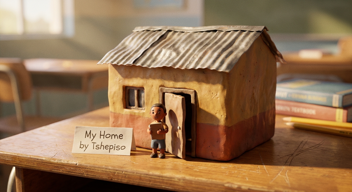 A handmade clay model of a typical Madidi township house with a tiny figure of a child in the doorway