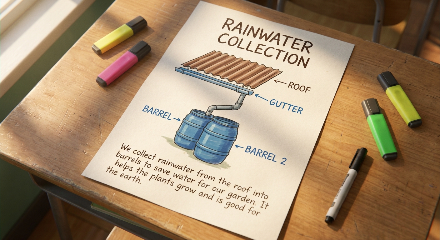A Grade 7 learner's science fair poster about rainwater collection, with sketches of barrels and downpipes
