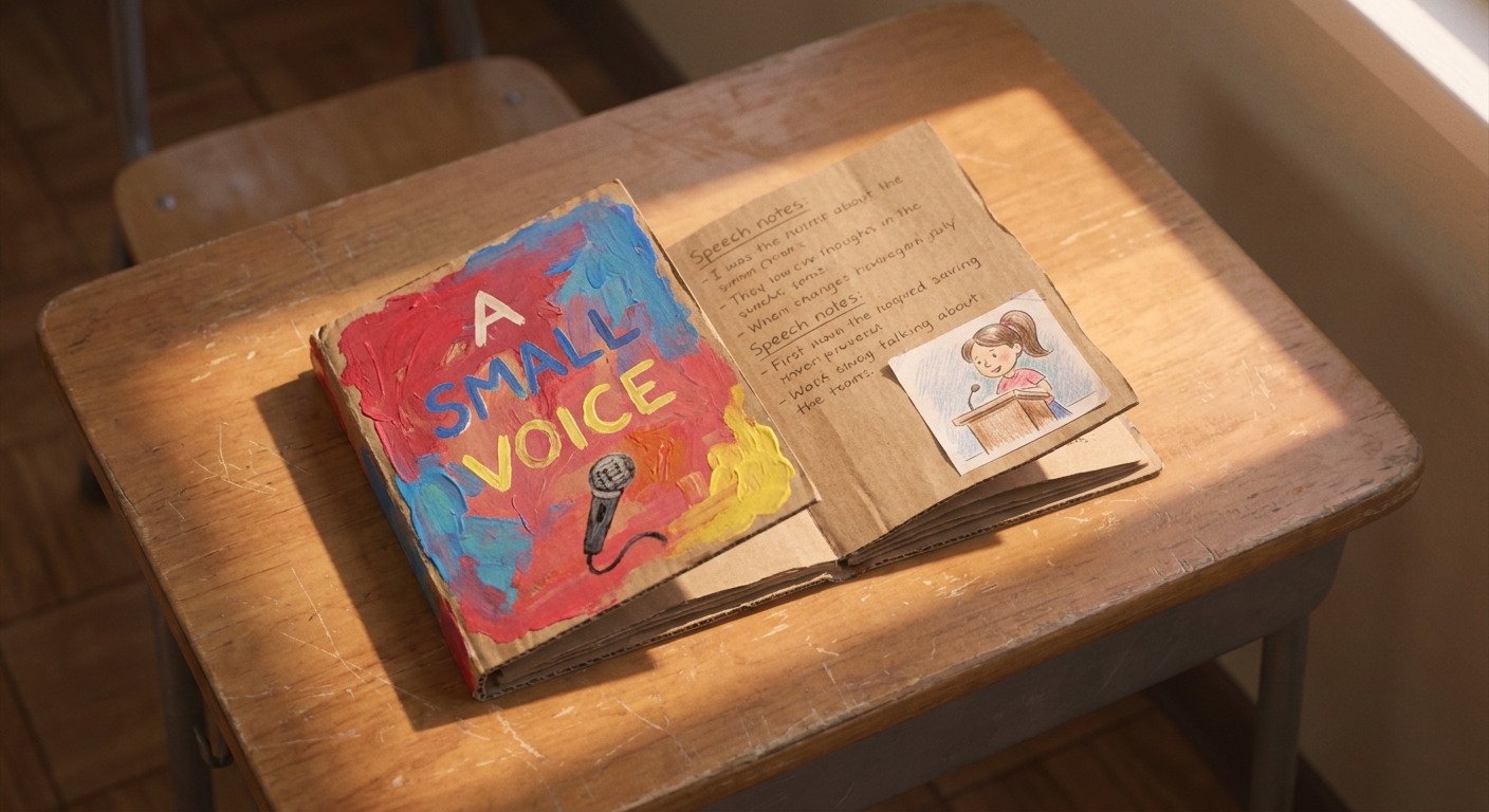 A homemade cardboard book of an English speech, brightly coloured cover reading 'A small voice'